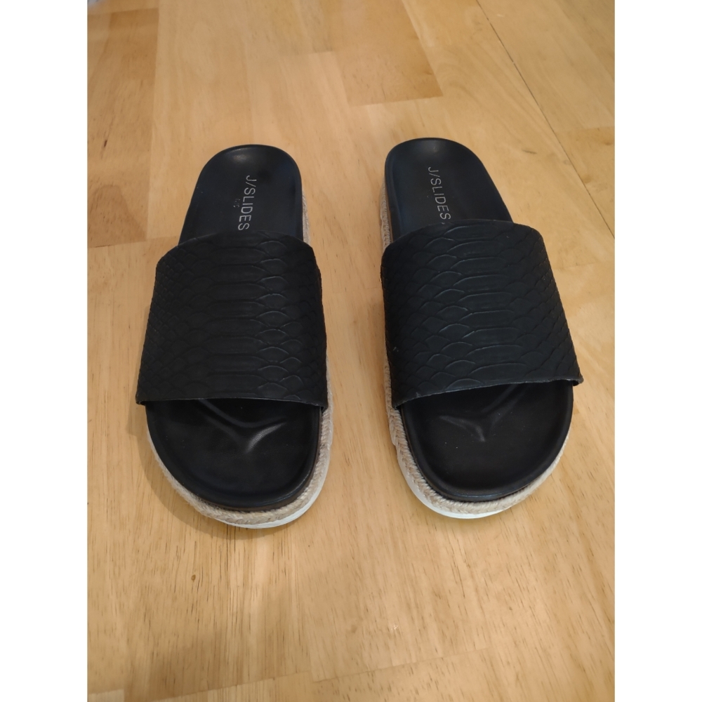 J/Slides NYC Black Croc Embossed Espadrille Slides Women's Size 8.5